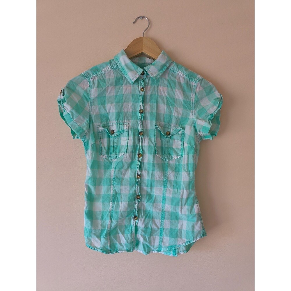 H&M Women's Size US 4 Mint Green Checkered Button-Down Cotton Short Sleeve Shirt